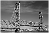 Vertical lift bridge moving upwards. Portsmouth, New Hampshire, USA (black and white)