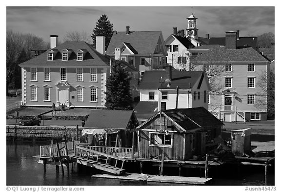Historic houses on waterfront. Portsmouth, New Hampshire, USA (black and white)