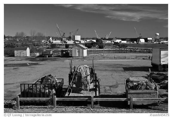 Fishing equipment on fish pier. Portsmouth, New Hampshire, USA (black and white)