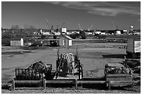 Fishing equipment on fish pier. Portsmouth, New Hampshire, USA ( black and white)