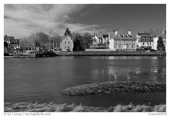Waterfront with houses and church. Portsmouth, New Hampshire, USA (black and white)