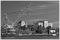 Crane and former prison called The Castle. Portsmouth, New Hampshire, USA (black and white)