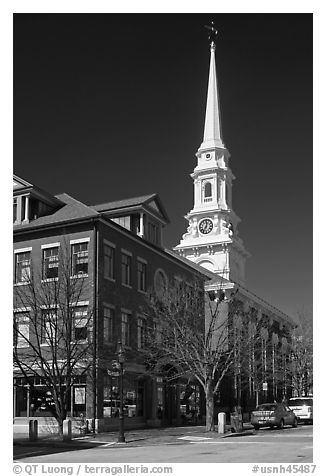 Street and white steepled church. Portsmouth, New Hampshire, USA