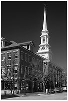 Street and white steepled church. Portsmouth, New Hampshire, USA (black and white)