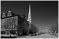 Downtown view with street and church. Portsmouth, New Hampshire, USA ( black and white)