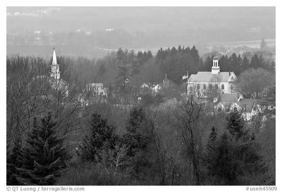 View from above with church and town hall. Walpole, New Hampshire, USA (black and white)