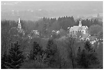 View from above with church and town hall. Walpole, New Hampshire, USA (black and white)