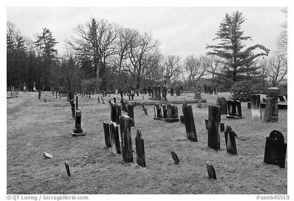 Slate headstones in cemetery. Walpole, New Hampshire, USA (black and white)