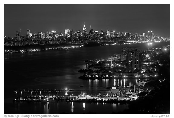 Hudson River and New York skyline at night. NYC, New York, USA