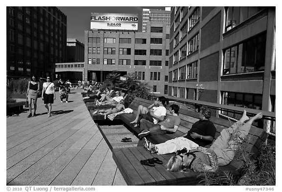 People sunning themselves on the High Line. NYC, New York, USA (black and white)