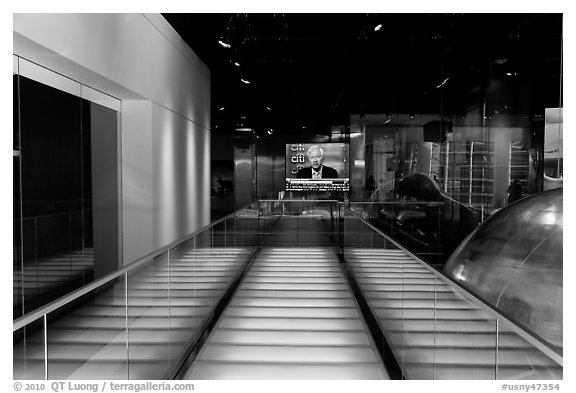 Corridor and TV screen, Bloomberg building. NYC, New York, USA (black and white)