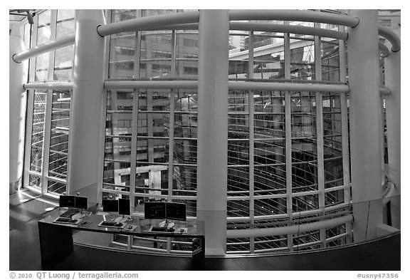 Glass windows and courtyard, One Beacon Court. NYC, New York, USA (black and white)