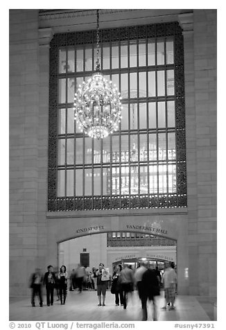 Gate and chandelier, Grand Central Terminal. NYC, New York, USA (black and white)