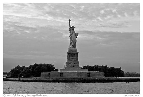 Liberty Island with Statue of Liberty. NYC, New York, USA (black and white)