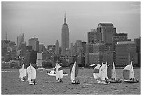 Sailboats and Manhattan skyline, New York Harbor. NYC, New York, USA (black and white)