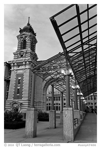 Entrance to Main Building, Ellis Island. NYC, New York, USA (black and white)