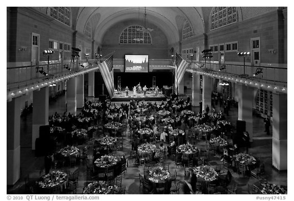 Gala, Great Hall of Immigration Museum, Ellis Island. NYC, New York, USA (black and white)