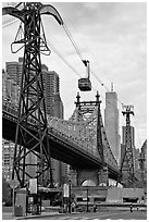 Roosevelt Island, Queensboro bridge, and tramway. NYC, New York, USA (black and white)