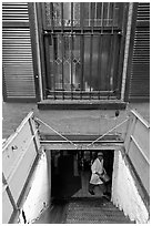 Restaurant basement seen from street. NYC, New York, USA ( black and white)