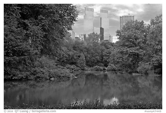 Pond and skyscrappers, Central Park. NYC, New York, USA (black and white)