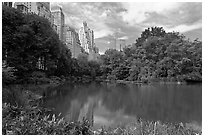 Pond and high-rise buildings, Central Park. NYC, New York, USA (black and white)