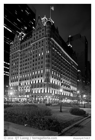 Plaza Hotel at night. NYC, New York, USA (black and white)