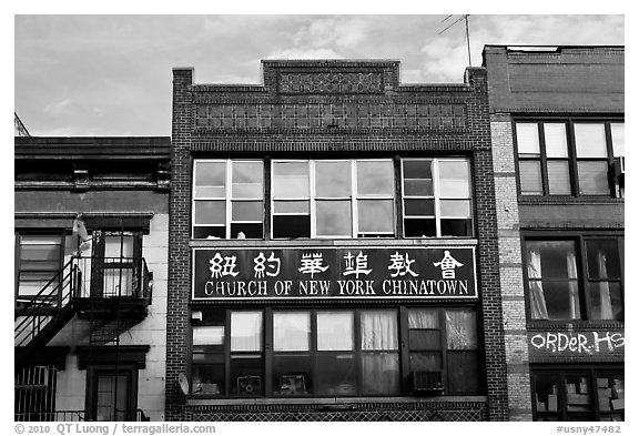 Facades, church of New York Chinatown. NYC, New York, USA (black and white)