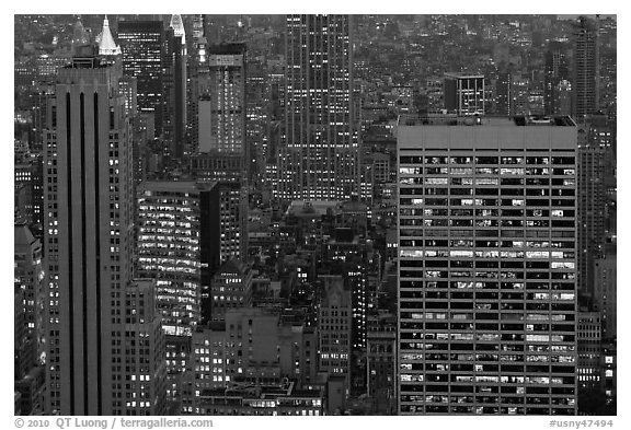 Mid-town towers at dusk from above. NYC, New York, USA