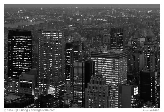 Manhattan towers at dusk from above. NYC, New York, USA (black and white)