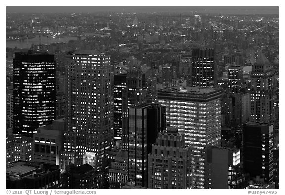 Manhattan towers at dusk from above. NYC, New York, USA