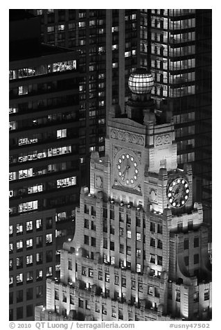 Top of vintage high-rise building with globe and clocks. NYC, New York, USA (black and white)