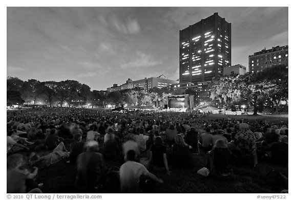 Crowd sitting on lawn during evening outdoor concert, Central Park. NYC, New York, USA