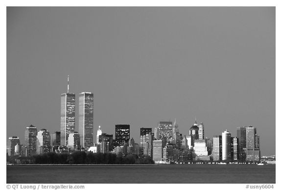 South Manhattan and WTC at dusk. NYC, New York, USA (black and white)