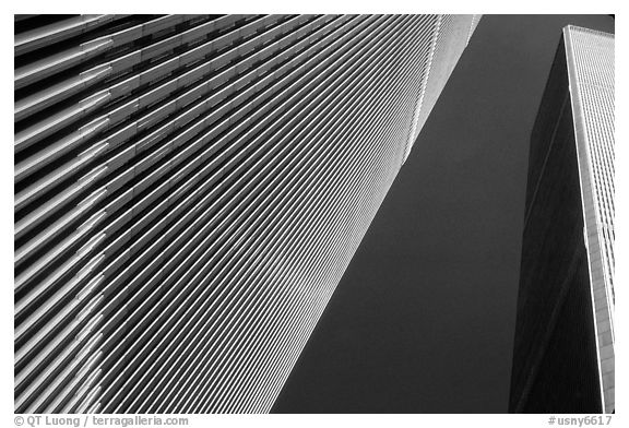 World Trade Center Twin Towers seen from the base plaza. NYC, New York, USA (black and white)