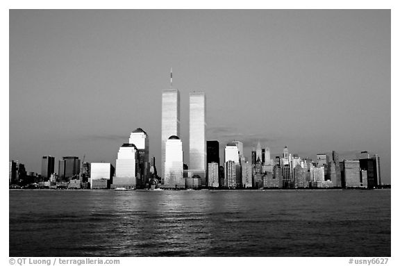 South Manhattan skyline and World Trade Center towers, late afternoon. NYC, New York, USA (black and white)