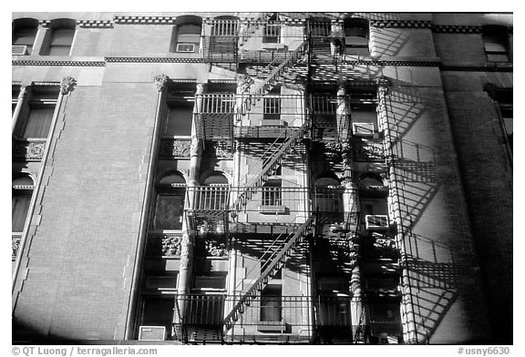 Emergency exit staircases on the side of a building. NYC, New York, USA