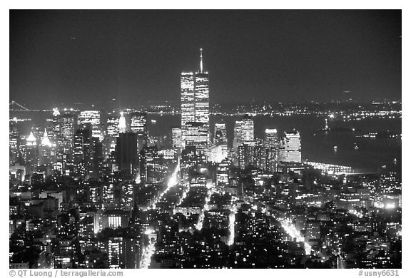 Lower Manhattan seen from the Empire State Building at night. NYC, New York, USA (black and white)