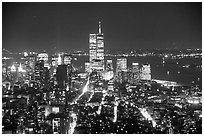 Lower Manhattan seen from the Empire State Building at night. NYC, New York, USA (black and white)