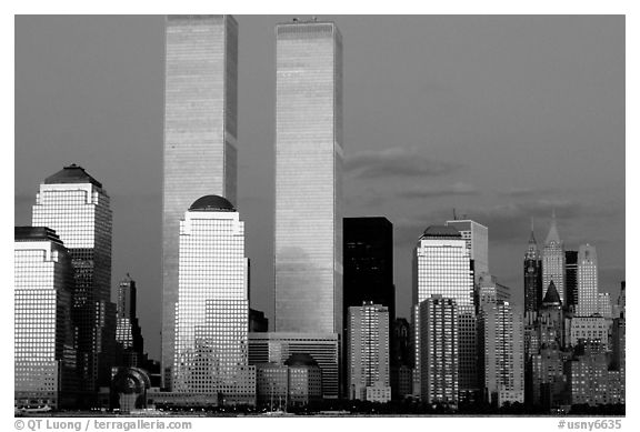 World Trade Center Twin Towers from Exchange Place, evening. NYC, New York, USA