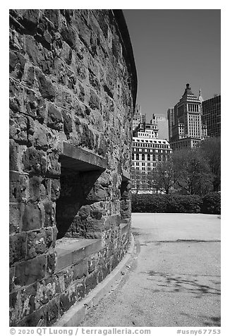 Sandstone wall, Castle Clinton National Monument. NYC, New York, USA (black and white)