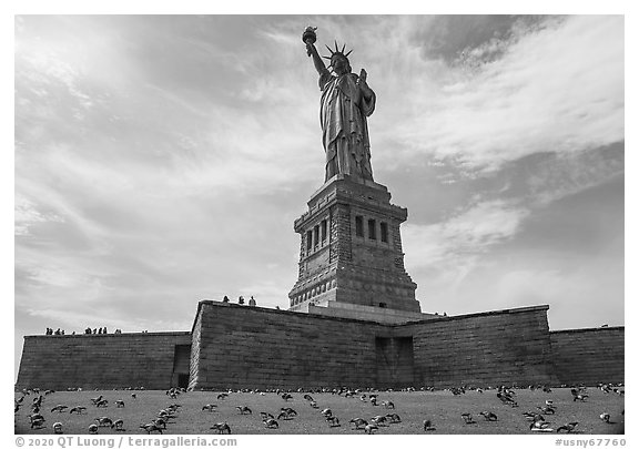 Statue of Liberty from lawn with pigeons, Statue of Liberty National Monument. NYC, New York, USA (black and white)