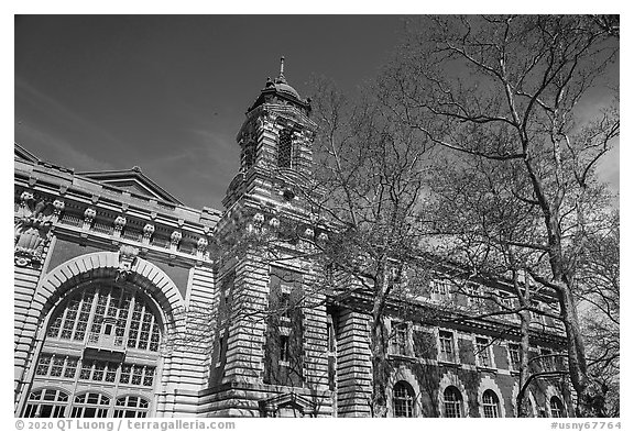 French Renaissance architecture of main building, Ellis Island, Statue of Liberty National Monument. NYC, New York, USA (black and white)
