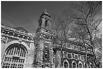 French Renaissance architecture of main building, Ellis Island, Statue of Liberty National Monument. NYC, New York, USA ( black and white)