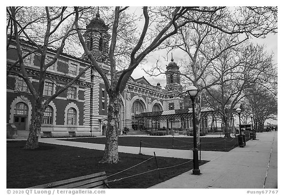 Main building, Ellis Island, Statue of Liberty National Monument. NYC, New York, USA (black and white)
