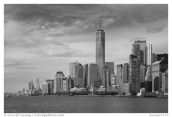 Lower Manhattan skyline with One WTC. NYC, New York, USA (black and white)