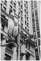 Street signs at the intersection of Wall Street and Nassau Street. NYC, New York, USA ( black and white)