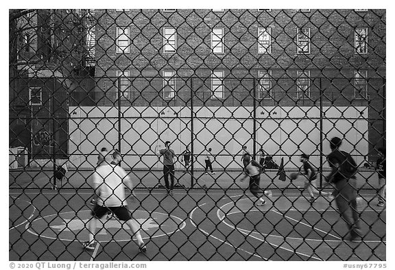 Basketball court, Greenwich Village. NYC, New York, USA (black and white)