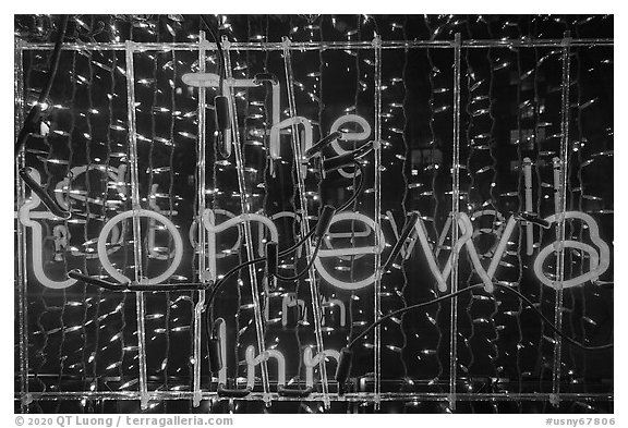 Close-up of neon sign, Stonewall Inn, Stonewall National Monument. NYC, New York, USA (black and white)