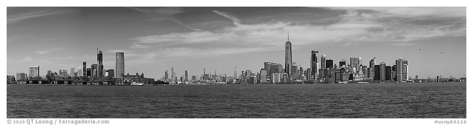 New York Harbor with Jersey City and Manhattan skylines. NYC, New York, USA (black and white)