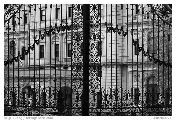 The Breakers seen through entrance gate grid. Newport, Rhode Island, USA